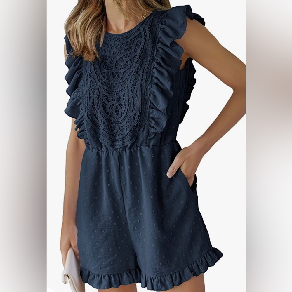 Women's Navy Crochet Ruffle Romper Jumpsuit